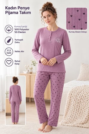 Lindros Kadın Düğme Yaka Raporlu İnterlok KIŞLIK Pijama Takımı 02787 - 1 Adet 