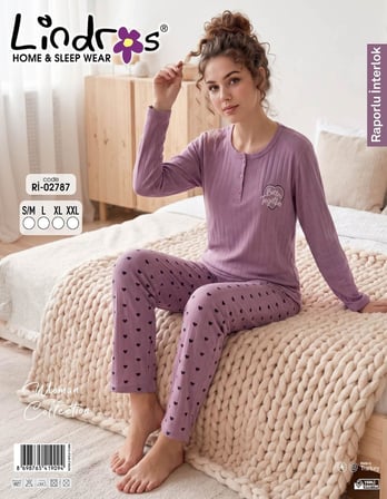 Lindros Kadın Düğme Yaka Raporlu İnterlok KIŞLIK Pijama Takımı 02787 - 1 Adet 