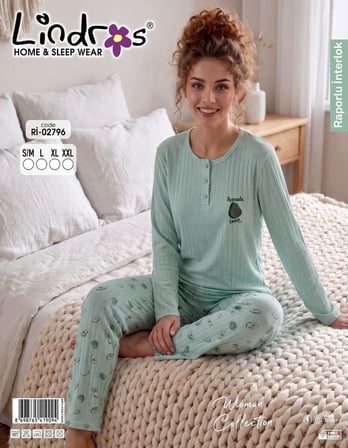 Lindros Kadın Düğme Yaka Raporlu İnterlok KIŞLIK Pijama Takımı 02796 - 1 Adet 