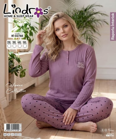 Lindros Kadın Düğme Yaka Raporlu İnterlok KIŞLIK Battal Pijama Takımı 02788 - 1 Adet 