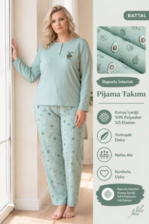 Lindros Kadın Düğme Yaka Raporlu İnterlok KIŞLIK Battal Pijama Takımı 02797 - 1 Adet 