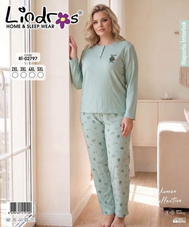 Lindros Kadın Düğme Yaka Raporlu İnterlok KIŞLIK Battal Pijama Takımı 02797 - 1 Adet 