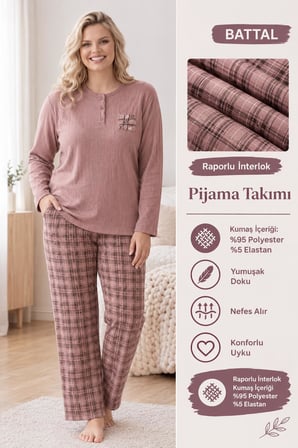 Lindros Kadın Düğme Yaka Raporlu İnterlok KIŞLIK Battal Pijama Takımı 02770 - 1 Adet 