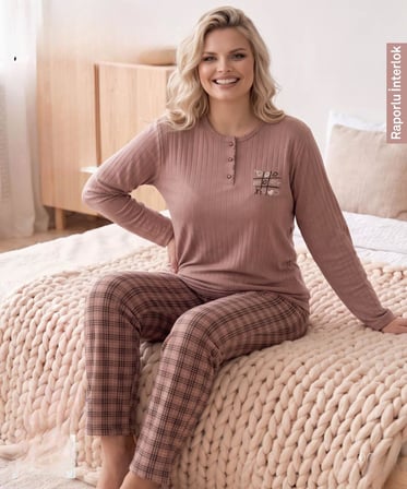Lindros Kadın Düğme Yaka Raporlu İnterlok KIŞLIK Battal Pijama Takımı 02770 - 1 Adet 