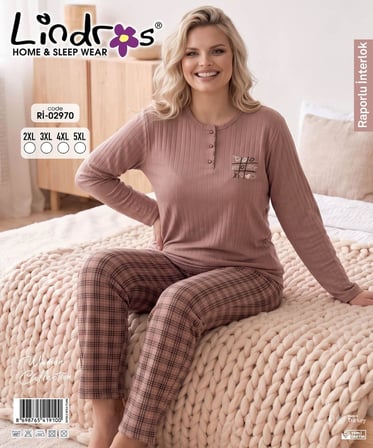 Lindros Kadın Düğme Yaka Raporlu İnterlok KIŞLIK Battal Pijama Takımı 02770 - 1 Adet 