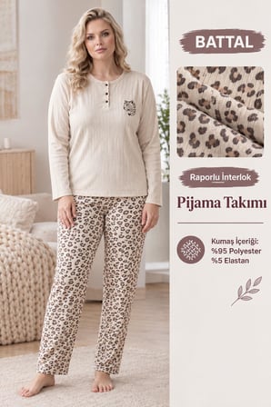 Lindros Kadın Düğme Yaka Raporlu İnterlok KIŞLIK Battal Pijama Takımı 02995 - 1 Adet 