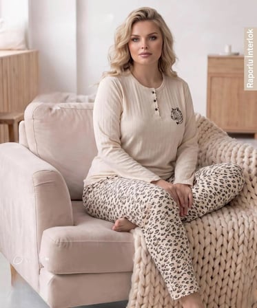 Lindros Kadın Düğme Yaka Raporlu İnterlok KIŞLIK Battal Pijama Takımı 02995 - 1 Adet 
