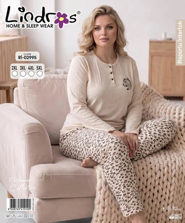 Lindros Kadın Düğme Yaka Raporlu İnterlok KIŞLIK Battal Pijama Takımı 02995 - 1 Adet 