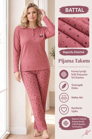 Lindros Kadın Düğme Yaka Raporlu İnterlok KIŞLIK Battal Pijama Takımı 03015 - 1 Adet 