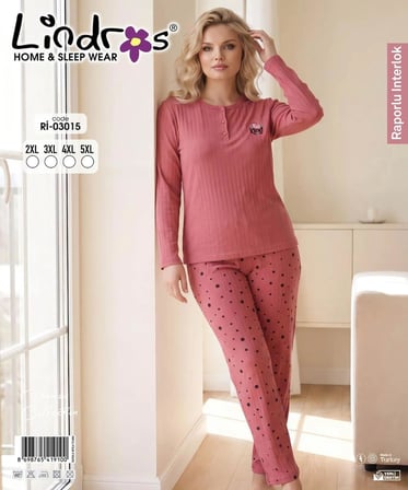 Lindros Kadın Düğme Yaka Raporlu İnterlok KIŞLIK Battal Pijama Takımı 03015 - 1 Adet 