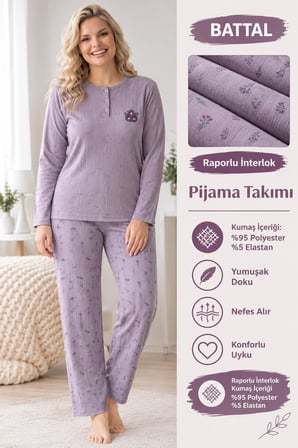 Lindros Kadın Düğme Yaka Raporlu İnterlok KIŞLIK Battal Pijama Takımı 03016 - 1 Adet 