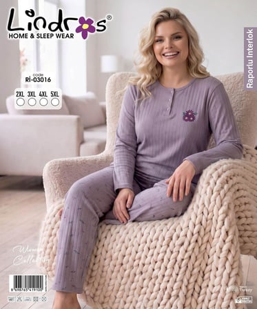 Lindros Kadın Düğme Yaka Raporlu İnterlok KIŞLIK Battal Pijama Takımı 03016 - 1 Adet 