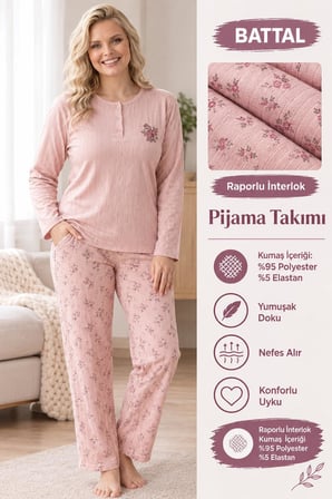 Lindros Kadın Düğme Yaka Raporlu İnterlok KIŞLIK Battal Pijama Takımı 03017 - 1 Adet 