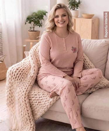 Lindros Kadın Düğme Yaka Raporlu İnterlok KIŞLIK Battal Pijama Takımı 03017 - 1 Adet 