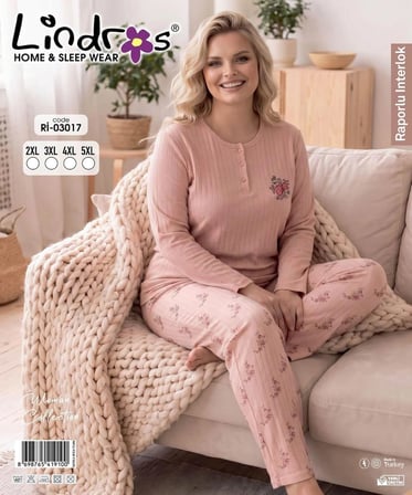 Lindros Kadın Düğme Yaka Raporlu İnterlok KIŞLIK Battal Pijama Takımı 03017 - 1 Adet 
