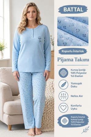 Lindros Kadın Düğme Yaka Raporlu İnterlok KIŞLIK Battal Pijama Takımı 03018 - 1 Adet 