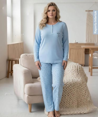 Lindros Kadın Düğme Yaka Raporlu İnterlok KIŞLIK Battal Pijama Takımı 03018 - 1 Adet 