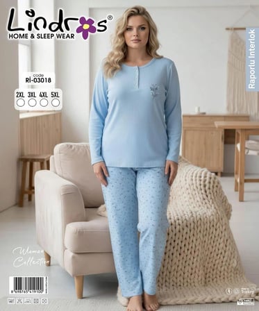 Lindros Kadın Düğme Yaka Raporlu İnterlok KIŞLIK Battal Pijama Takımı 03018 - 1 Adet 