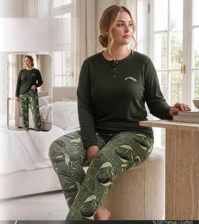 Angelina Kadın Battal Düğmeli Yaka %100 Pamuk İnterlok Kışlık Pijama Takımı 10004 - 1 Adet 