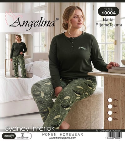 Angelina Kadın Battal Düğmeli Yaka %100 Pamuk İnterlok Kışlık Pijama Takımı 10004 - 1 Adet 