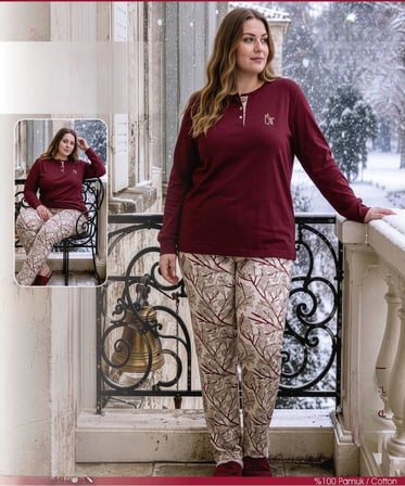 Angelina Kadın Battal Düğmeli Yaka %100 Pamuk İnterlok Kışlık Pijama Takımı 10018 - 1 Adet 