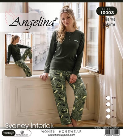 Angelina Kadın Düğmeli Yaka %100 Pamuk İnterlok Kışlık Pijama Takımı 10003 - 1 Adet 