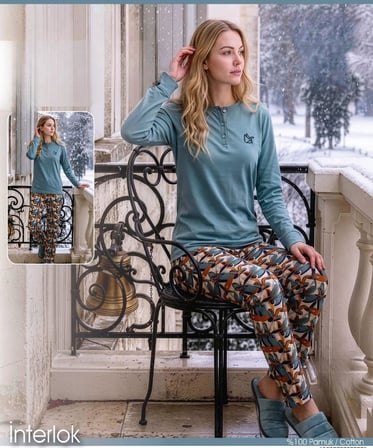 Angelina Kadın Düğmeli Yaka %100 Pamuk İnterlok Kışlık Pijama Takımı 10009 - 1 Adet 