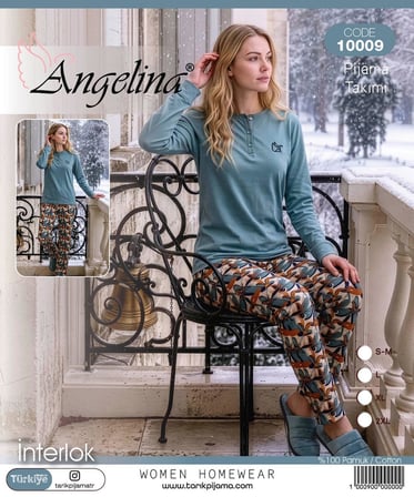 Angelina Kadın Düğmeli Yaka %100 Pamuk İnterlok Kışlık Pijama Takımı 10009 - 1 Adet 