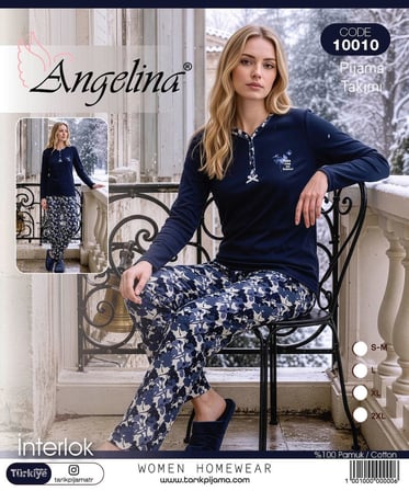 Angelina Kadın Düğmeli Yaka %100 Pamuk İnterlok Kışlık Pijama Takımı 10010 - 1 Adet 
