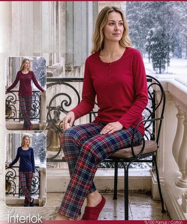 Angelina Kadın Düğmeli Yaka %100 Pamuk İnterlok Kışlık Pijama Takımı 10021 - 1 Adet 