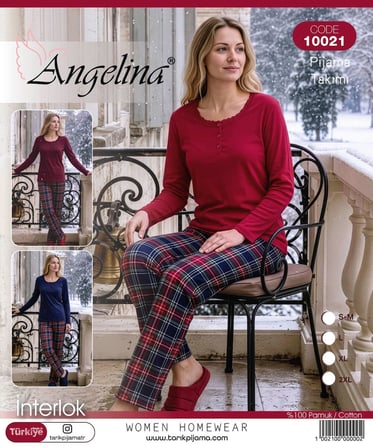 Angelina Kadın Düğmeli Yaka %100 Pamuk İnterlok Kışlık Pijama Takımı 10021 - 1 Adet 