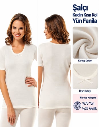 Şalçı Safyün Kadın %75 Yün Kısa Kol Fanila Atlet İçlik 7330 - 1 Adet