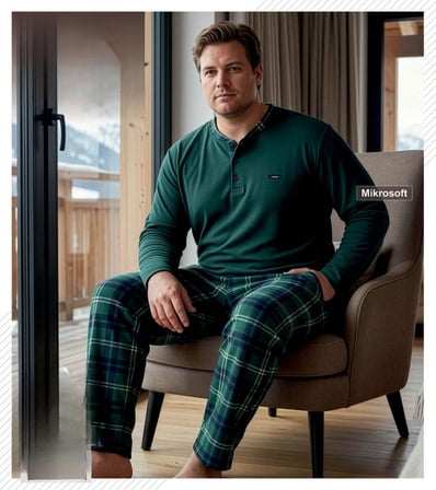 PJM Erkek Battal Beden Mikrosoft Düğmeli Yaka Kışlık Pijama Takımı 6415/5 - 1 Adet
