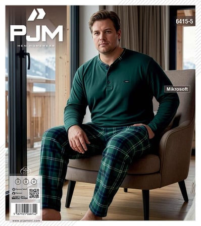 PJM Erkek Battal Beden Mikrosoft Düğmeli Yaka Kışlık Pijama Takımı 6415/5 - 1 Adet