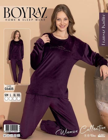 Boyraz Kadın KIŞLIK Fransız Kadife Bisiklet Yaka Uzun Kol Pijama Takımı 03405- 1 Adet