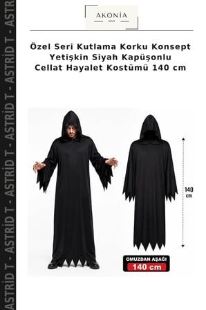 Özel Seri Kutlama Korku Konsept Yetişkin Siyah Kapüşonlu Cellat Hayalet Kostümü 140 cm