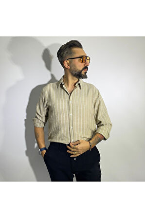 Çizgili Keten-Pamuk Regular Fit Uzun Kollu Erkek Gömlek