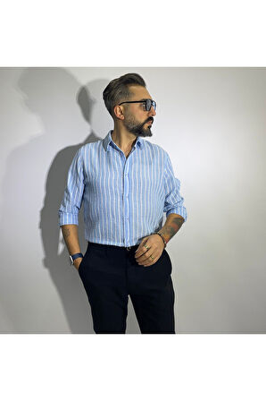 Çizgili Keten-Pamuk Regular Fit Uzun Kollu Erkek Gömlek