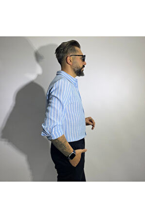 Çizgili Keten-Pamuk Regular Fit Uzun Kollu Erkek Gömlek