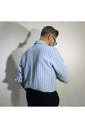 Çizgili Keten-Pamuk Regular Fit Uzun Kollu Erkek Gömlek