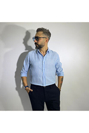 Çizgili Keten-Pamuk Regular Fit Uzun Kollu Erkek Gömlek
