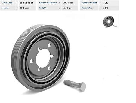 Kentpar K1411S Krank Kasnağı P307 C2 C3 C3 II C4 Tu5Jp4 1.6 16V Et3J4 1.4 16V Ölçü 152x44 Kalınlık 23.5mm 1 Adet Cıvata 1 Adet Pul 0515.R4