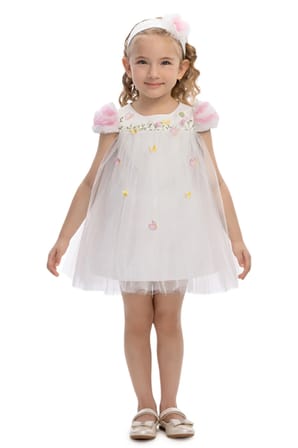 Kız Bebek Tül ve Kelebek  Detaylı Elbise Ekru (6-24 Ay) 36075PR