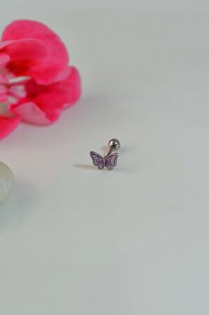 Gümüş Renk Çelik Mor Kelebek Helix Piercing Kıkırdak Lob
