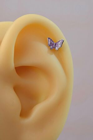 Gümüş Renk Çelik Mor Kelebek Helix Piercing Kıkırdak Lob