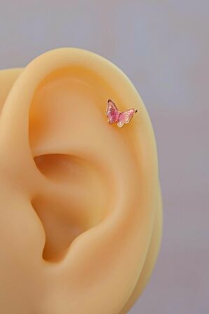 Gold Çelik Pembe Kelebek Helix Piercing Kıkırdak Lob