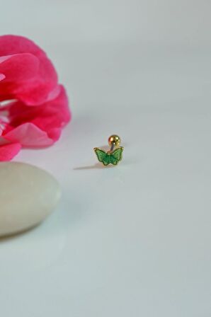 Gold Çelik Yeşil Kelebek  Helix Piercing Kıkırdak Lob