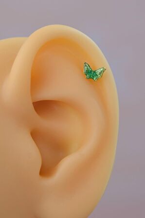 Gold Çelik Yeşil Kelebek  Helix Piercing Kıkırdak Lob