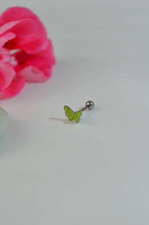 Gümüş Renk Çelik Fıstık Yeşili Kelebek Helix Piercing Kıkırdak Lob