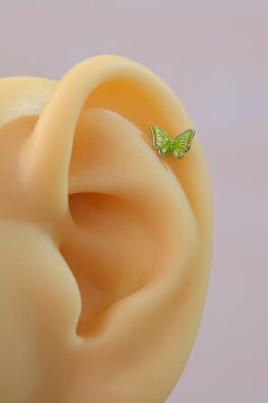 Gümüş Renk Çelik Fıstık Yeşili Kelebek Helix Piercing Kıkırdak Lob